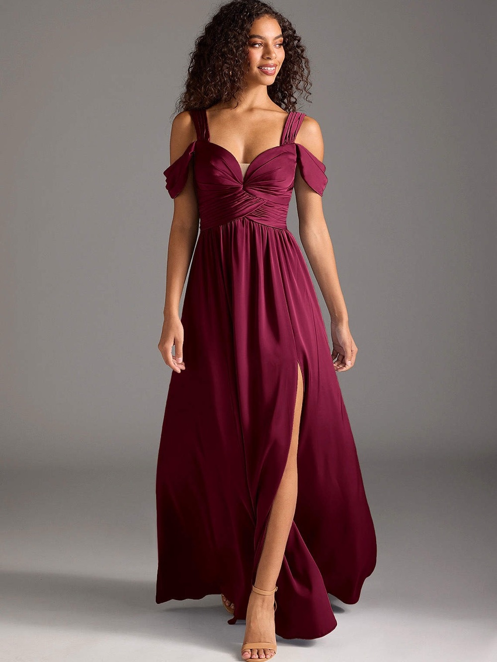 Azazie Burgundy Off-Shoulder Maxi Dress with Side Slit